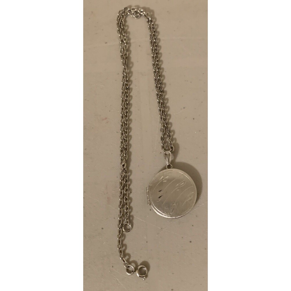 Vintage Etched Photo Locket Necklace 24” Silver Tone